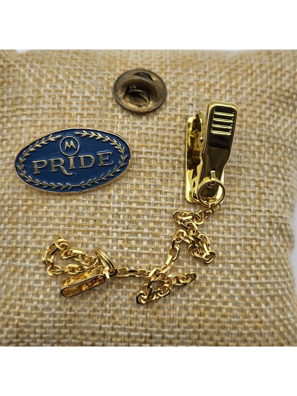 Vintage Motorola Employee jewelry Tie tack Chain fob retro advertising